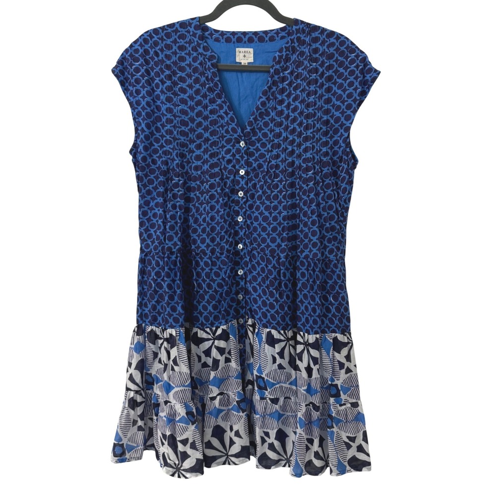 Marea by‎ Liz Joy Dress XS Blue Geometric Tiered Cotton Mini Resort Vacation